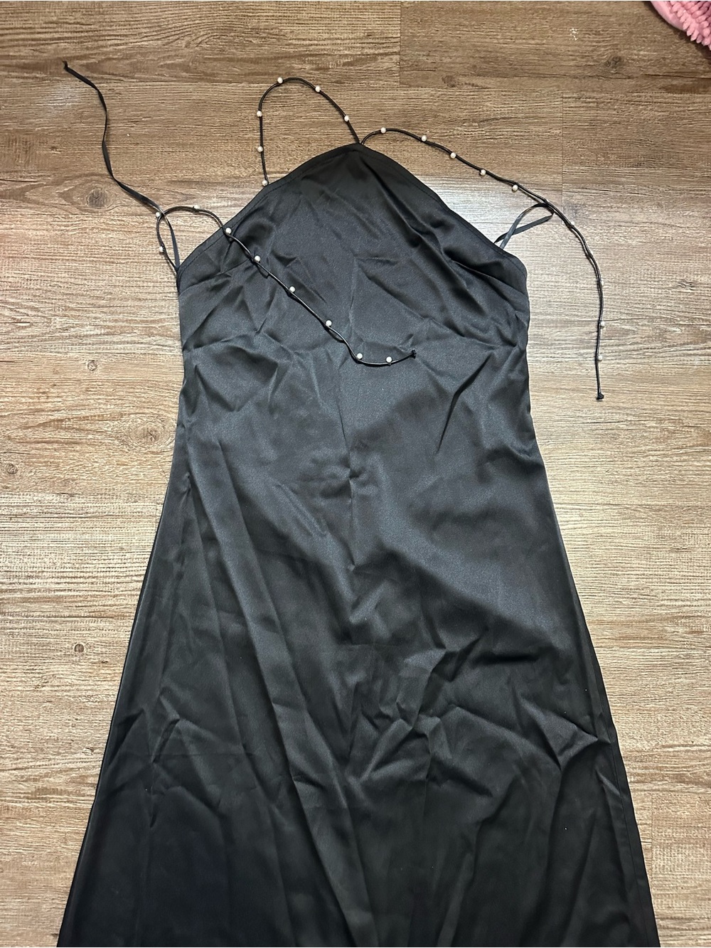 Black satin maxi dress with pearl straps